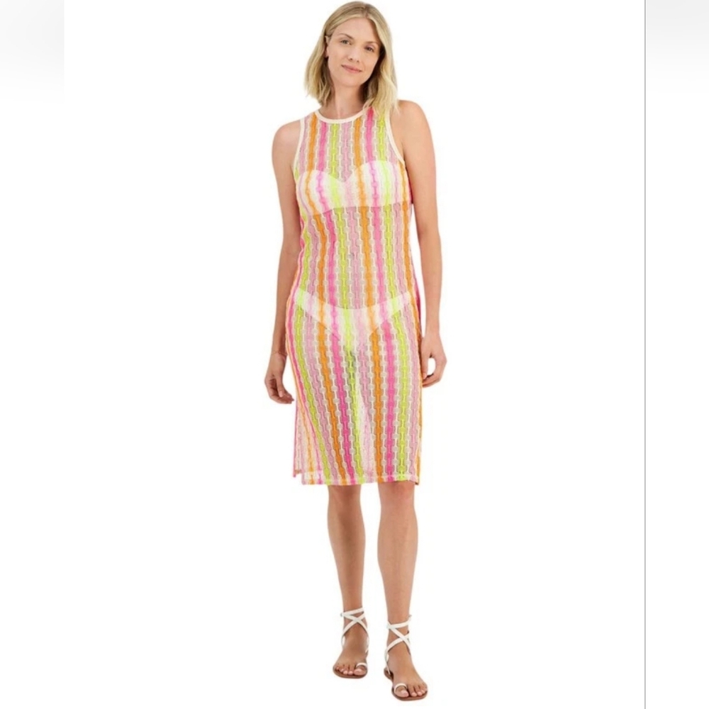 NWT Miken Womens Open Knit Sleeveless Cover Up Dress Size L Side Slit Resortwear
